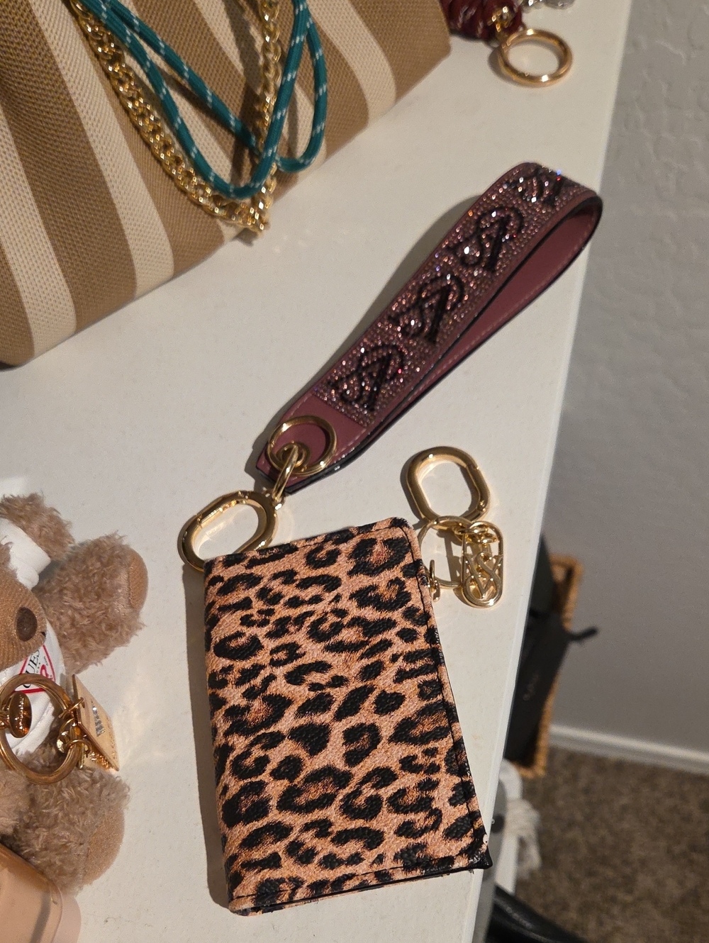 Victoria's Secret Leopard Print Card Holder with Gold Hardware and Pink Strap